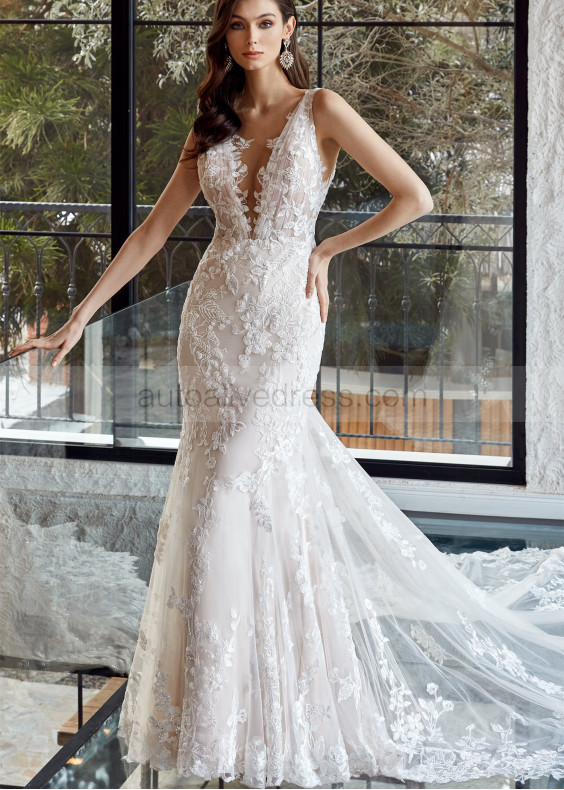 Beaded Ivory Lace Tulle Buttons Back Modern Wedding Dress